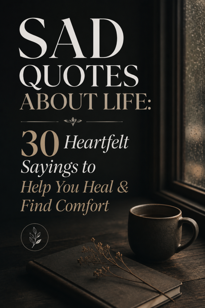 A moody, minimalist 2:3 vertical Pinterest pin in 1000 x 1500 pixels with soft dark tones and bold clean typography reading: SAD QUOTES ABOUT LIFE : 30 Heartfelt Sayings to Help You Heal & Find Comfort.