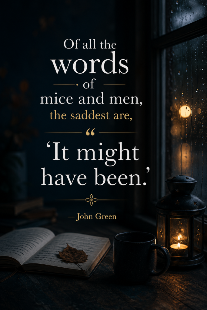 An editorial style 2:3 vertical Pinterest pin (1000 x 1500 pixels) featuring John Green's famous quote about missed opportunities and what could have been.