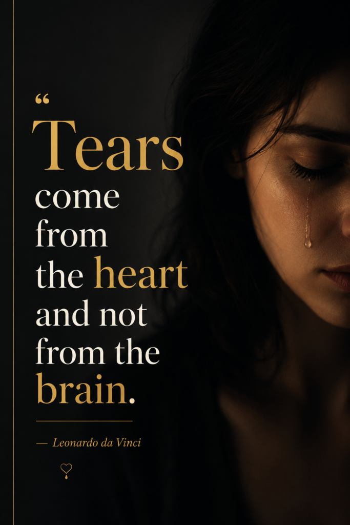 A moody, minimalist 2:3 vertical Pinterest pin in 1000 x 1500 pixels with dramatic lighting, featuring the quote: "Tears come from the heart and not from the brain." — Leonardo da Vinci