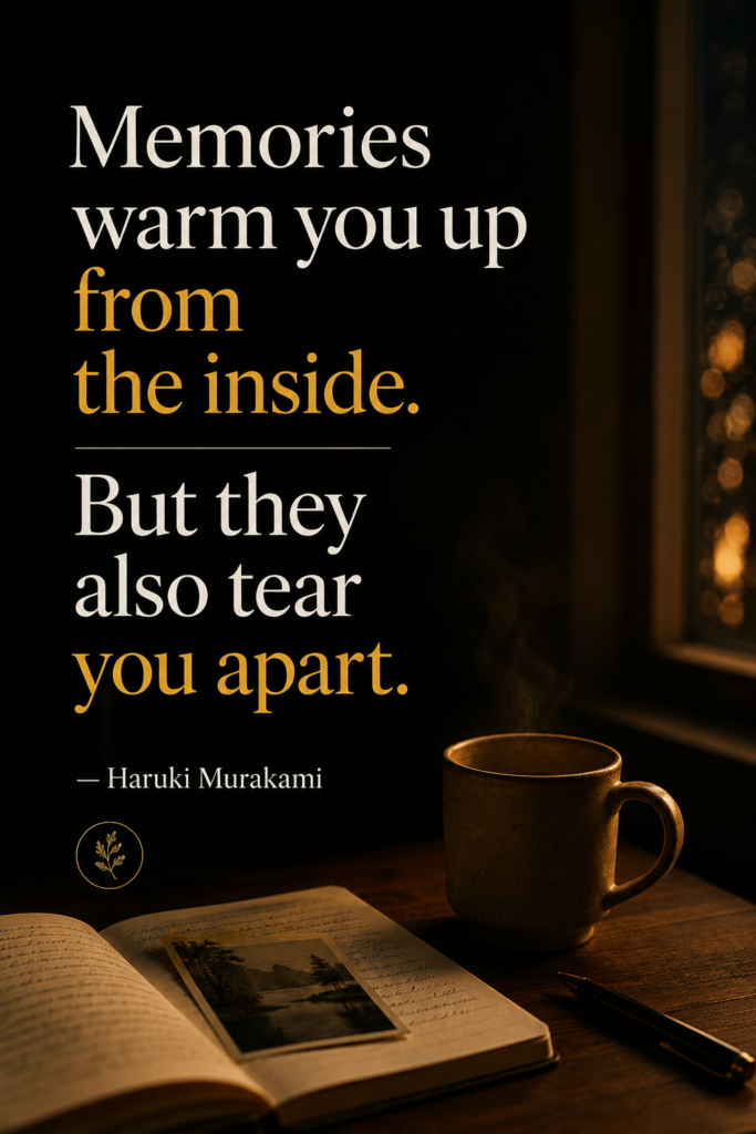 A minimalist 2:3 vertical Pinterest pin (1000 x 1500 pixels) featuring Haruki Murakami's quote about the bittersweet nature of memories.