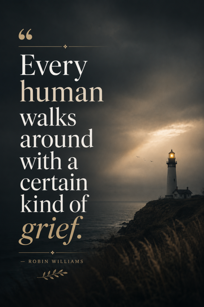 A minimalist 2:3 vertical Pinterest graphic (1000 x 1500 pixels) displaying a poignant quote by Robin Williams about hidden grief and everyday struggles.
