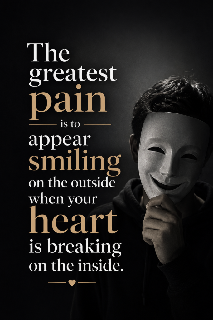 A dramatic 2:3 vertical Pinterest graphic (1000 x 1500 pixels) with moody aesthetics showcasing a quote about smiling on the outside while hurting within.