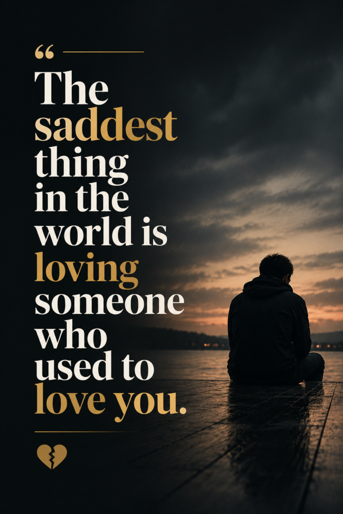 An aesthetic 2:3 vertical Pinterest pin (1000 x 1500 pixels) with dark cinematic tones, displaying the quote: "The saddest thing in the world is loving someone who used to love you."