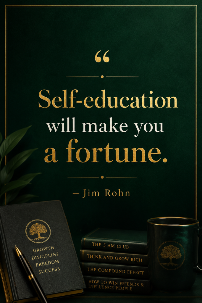 Professional luxury dark green aesthetic graphic showcasing Jim Rohn's powerful quote on self-education and success.