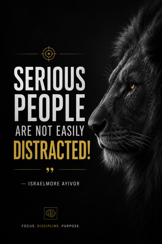 Sleek dark mode minimalist aesthetic graphic highlighting Israelmore Ayivor's quote on unbreakable focus.