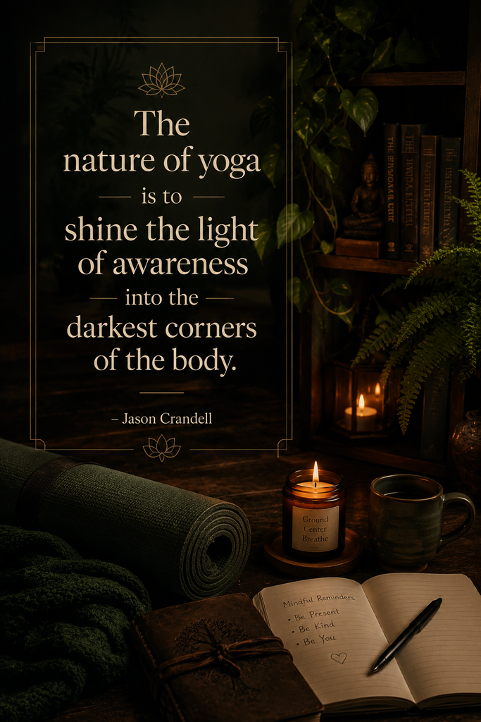 Cozy candlelight yoga aesthetic with deep forest green tones and a mindfulness quote about physical awareness.