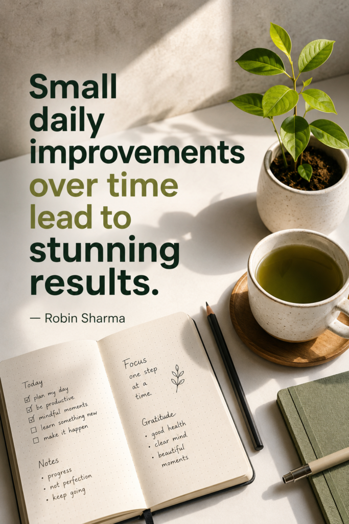 A minimalist desk flat-lay with a journal and a sprouting plant with the Robin Sharma growth quote.
