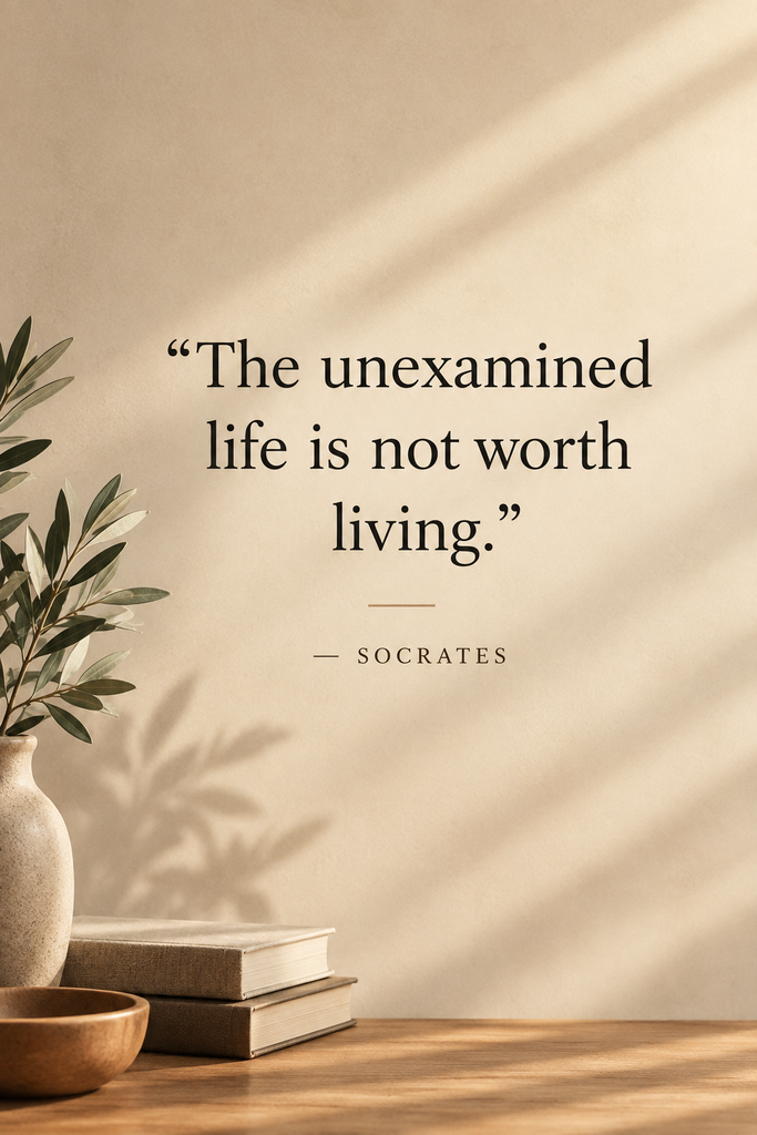 A graphic displaying a philosophical good life quote by Socrates about self-reflection and avoiding autopilot.