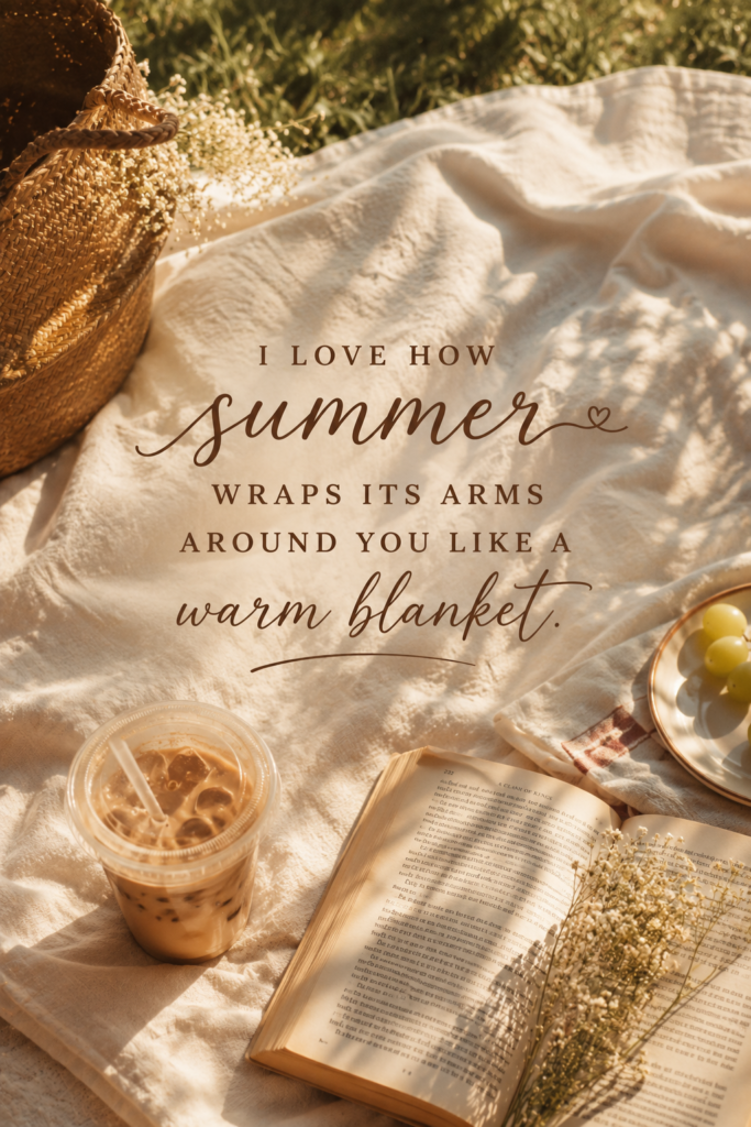 Aesthetic picnic setup on a blanket with iced coffee and book, featuring the quote about summer wrapping arms around you.