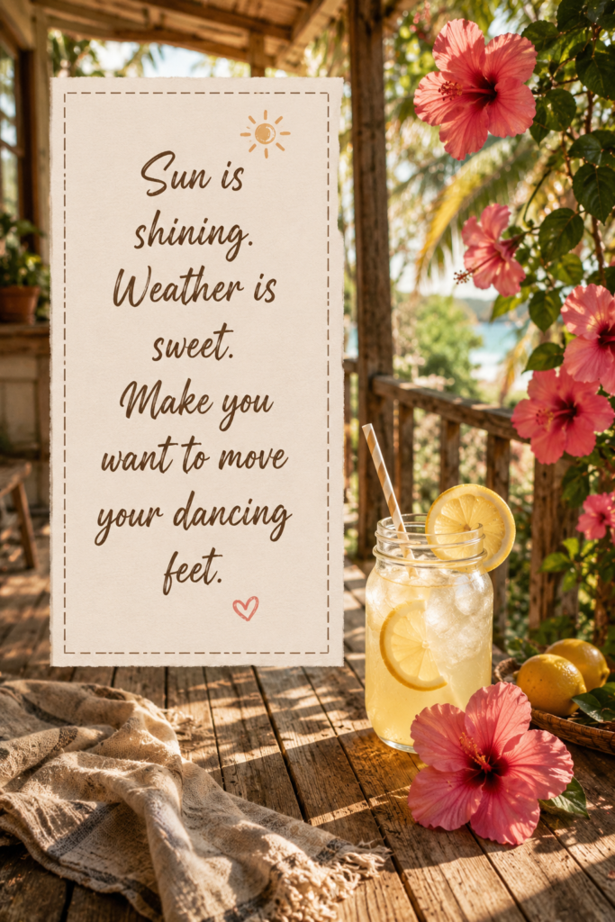 A cozy, sunlit porch setting with iced tea and flowers, featuring the quote: "Sun is shining. Weather is sweet. Make you want to move your dancing feet. – Bob Marley"