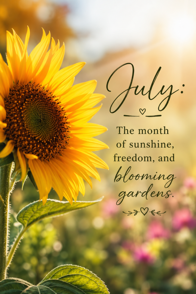 Macro shot of a sunflower in full bloom with the text 'July: The month of sunshine, freedom, and blooming gardens'.