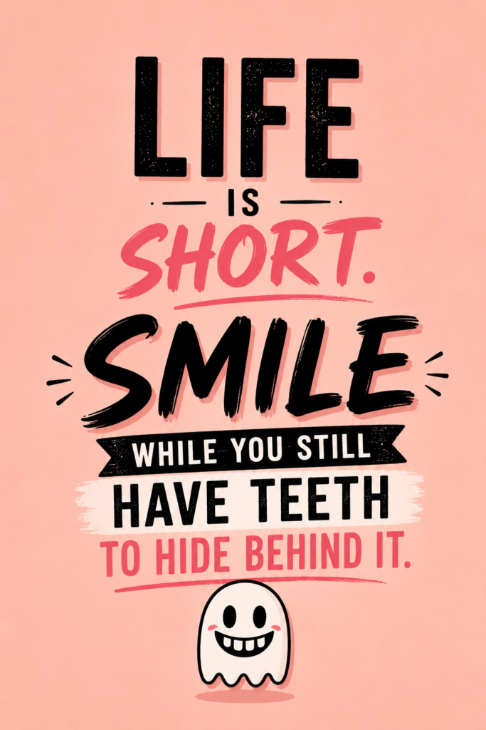 Soft peach minimalist Pinterest pin with a tiny ghost icon and a sharp, witty dark humor quote.