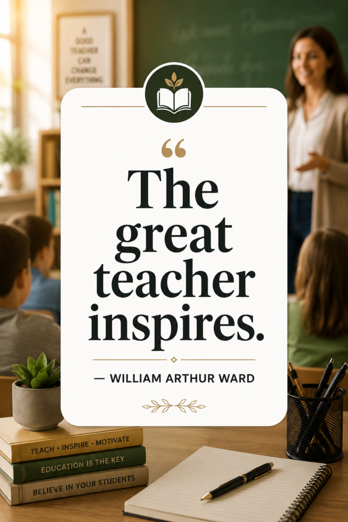 Inspiring classroom background with a clean white overlay card highlighting the great teacher quote by William Arthur Ward.