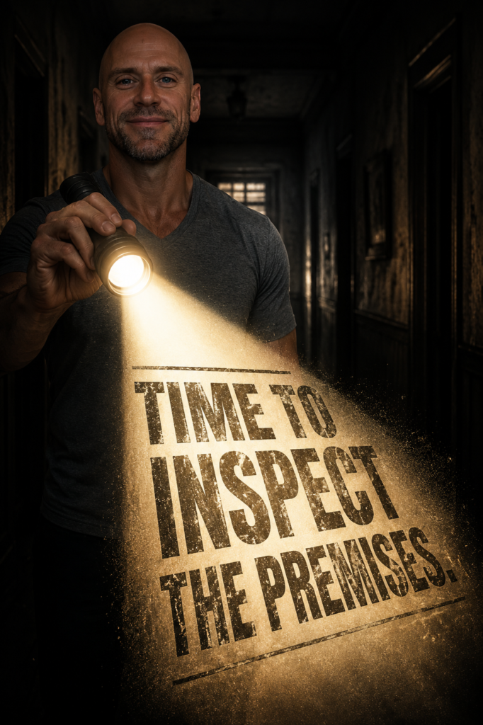 Flashlight beam in a dark hallway with the text "Time to inspect the premises."