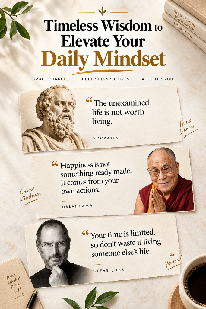 An aesthetic Pinterest pin collage featuring timeless wisdom and powerful good life quotes with the heading "Timeless Wisdom to Elevate Your Daily Mindset."