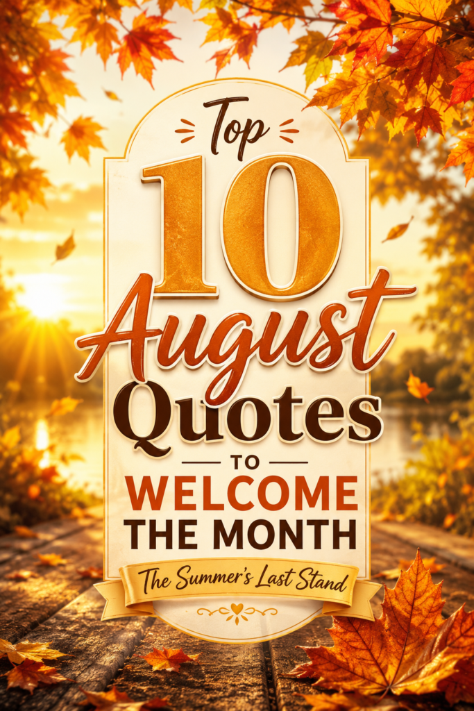 A vertical Pinterest pin with golden autumn leaves and warm sunlight, featuring the bold text "Top 10 August Quotes to Welcome the Month" with "The Summer's Last Stand" as sub-text in clean modern typography.
