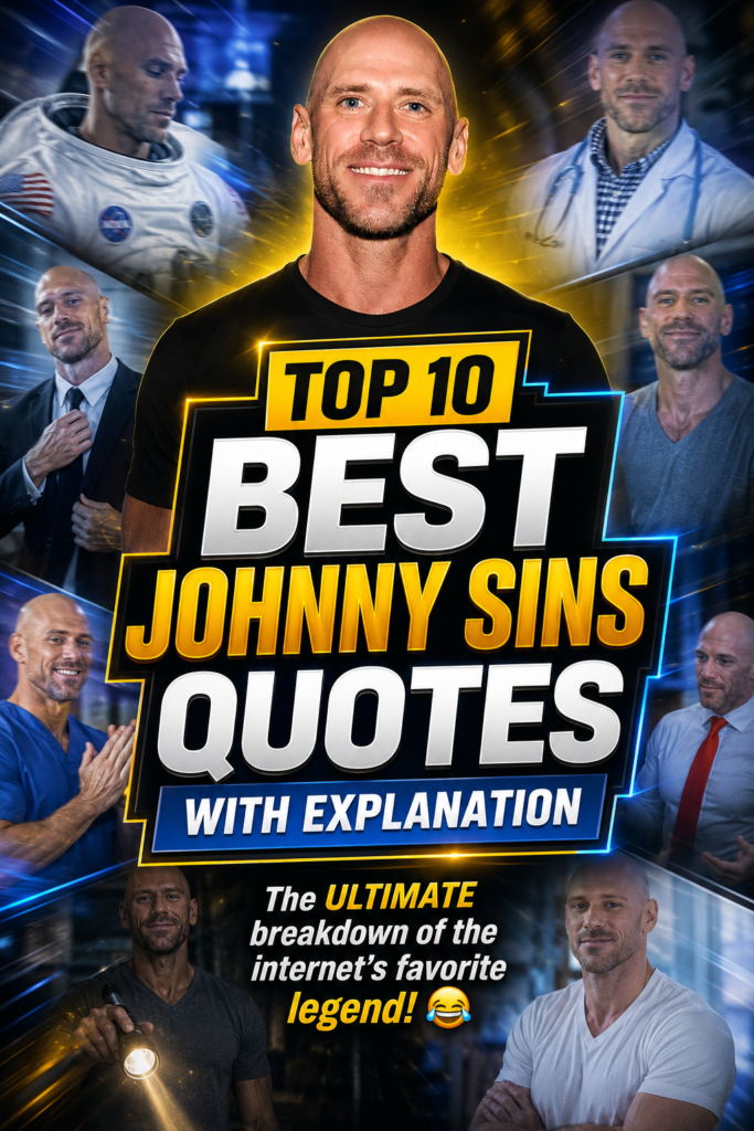 Johnny Sins Quotes: A dynamic collage of Johnny Sins' various roles with the bold text "Top 10 Best Johnny Sins Quotes with Explanation."