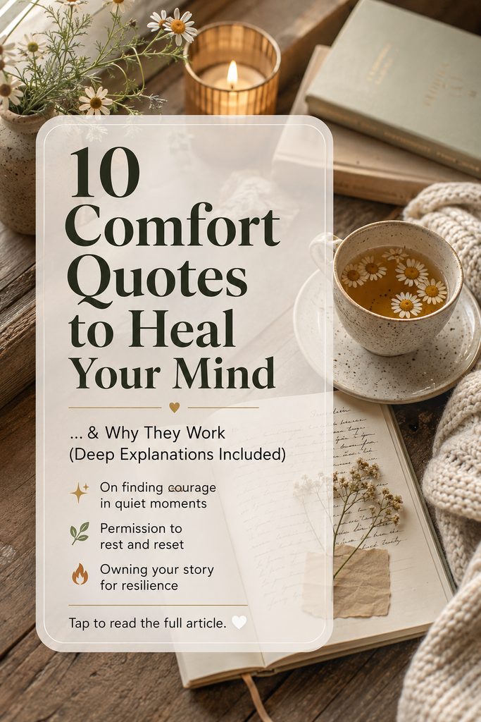 Aesthetic flat lay of an open journal, a steaming cup of tea, and a pressed flower on a wooden table, featuring bold text for "10 Comfort Quotes to Heal Your Mind."