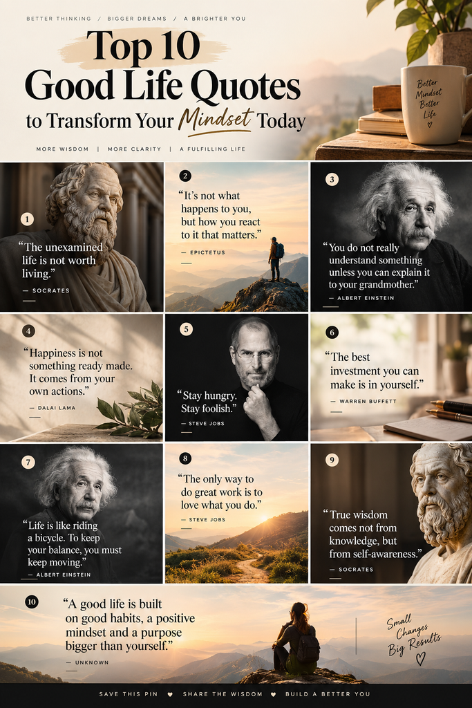 A viral Pinterest pin collage featuring snippets of good life quotes from multiple authors, with the main title "Top 10 Good Life Quotes to Transform Your Mindset Today.