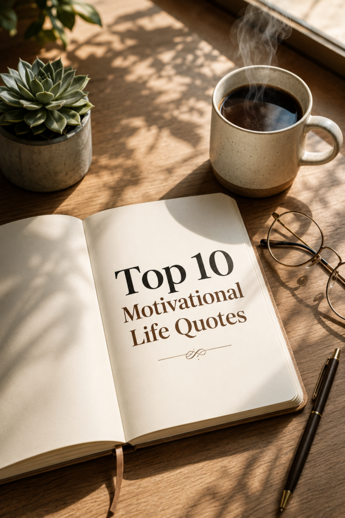 An aesthetic minimalist desk setup with an open notebook displaying the heading Top 10 Motivational Life Quotes, surrounded by morning coffee and a small plant.