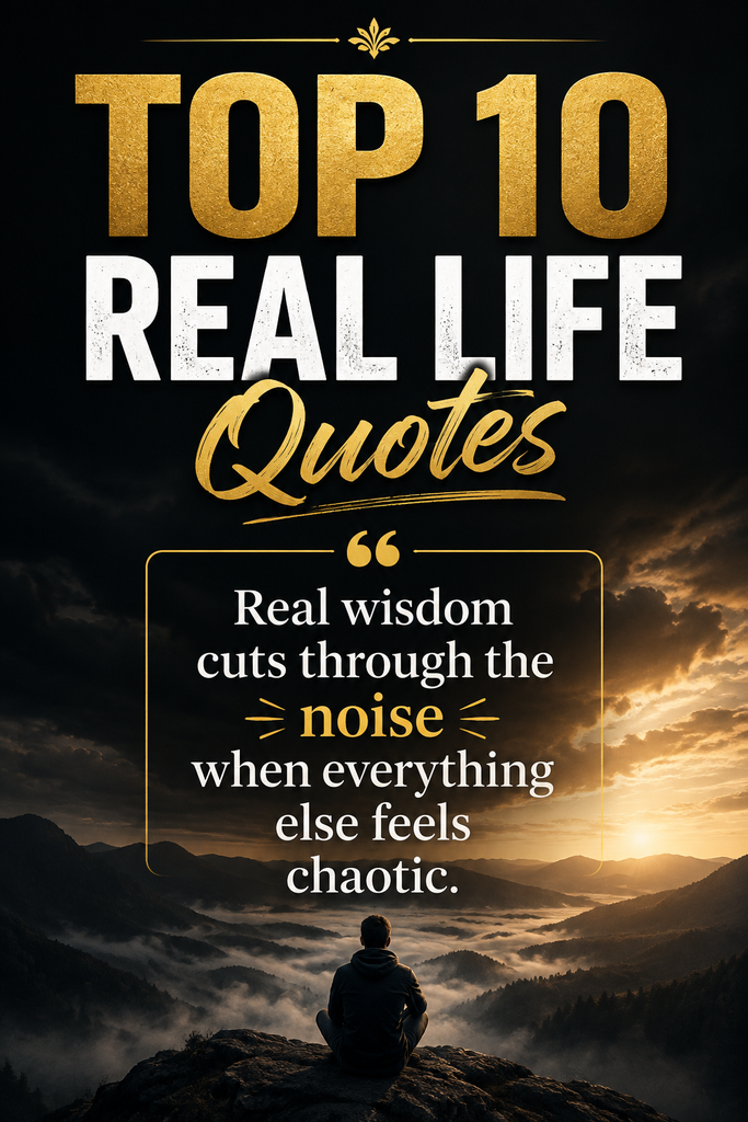 A vertical aesthetic pin featuring a moody dark design with the title Top 10 Real Life Quotes and a powerful motivational hook.