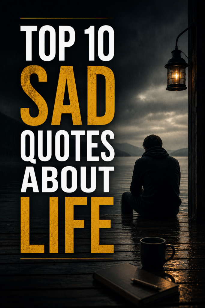 A stunning, highly aesthetic 2:3 vertical Pinterest pin (1000 x 1500 pixels) with cinematic dark tones and bold clean typography reading: "TOP 10 SAD QUOTES ABOUT LIFE".