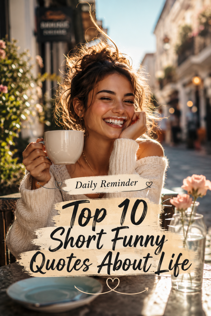 Sun-kissed aesthetic lifestyle pin of a laughing woman holding a coffee mug with a chic text overlay showcasing top short funny quotes about life.