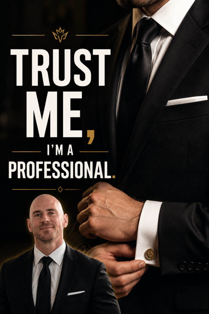 A close up of a sharp suit and cufflink with the text "Trust me, I'm a professional."