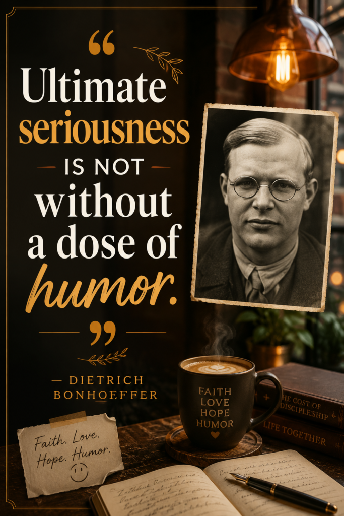 Warm moody aesthetic design featuring Dietrich Bonhoeffer's quote on balancing gravity with humor.