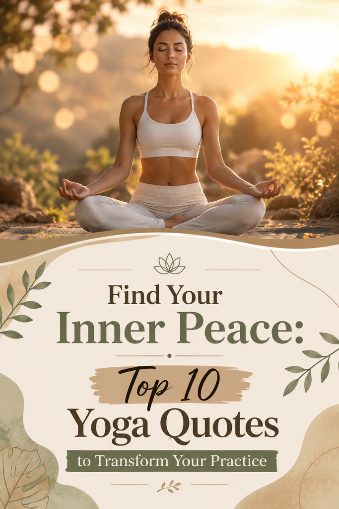 Aesthetic main pin image featuring a peaceful meditation scene and bold typography for a guide on inspiring yoga quotes.