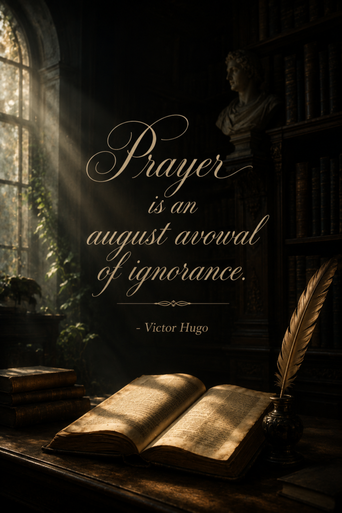 A moody, dark academia style library with sun rays lighting up an open vintage book, elegant script text reads: "Prayer is an august avowal of ignorance."