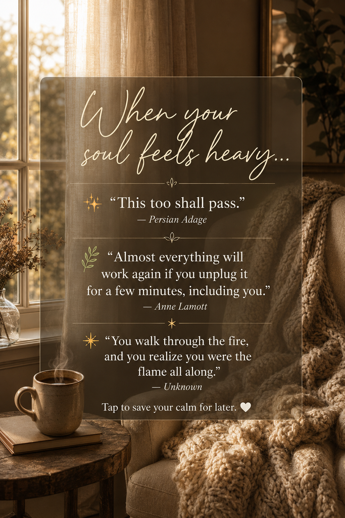 A cozy indoor nook with a plush cream armchair by a sunlit window, featuring a semi-transparent frosted text box with three grounding comfort quotes for a heavy soul.