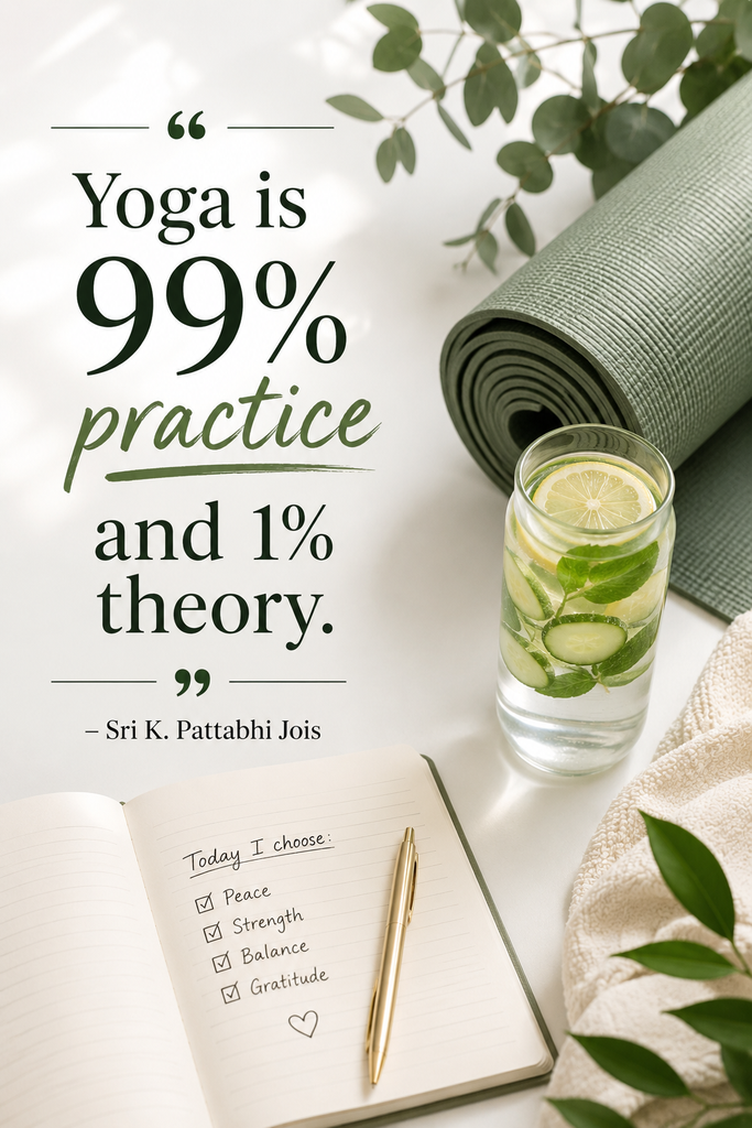 Clean aesthetic flat lay of a yoga mat and journal with a motivational quote about daily practice over theory.