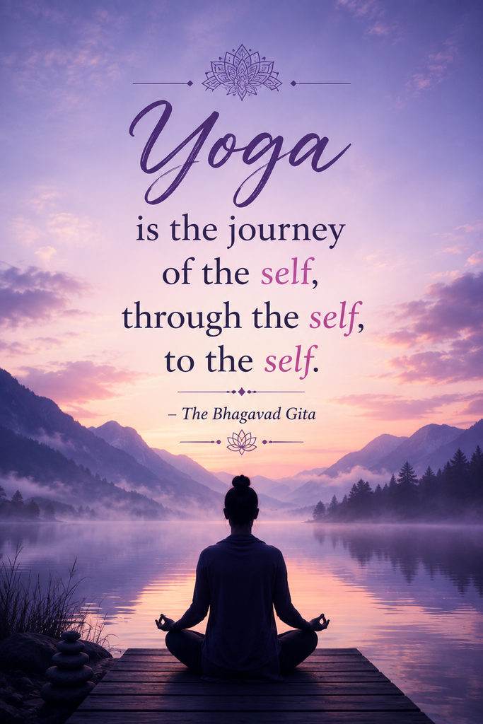 Silhouette of a person meditating by a misty lake at dawn with a spiritual quote from the Bhagavad Gita.