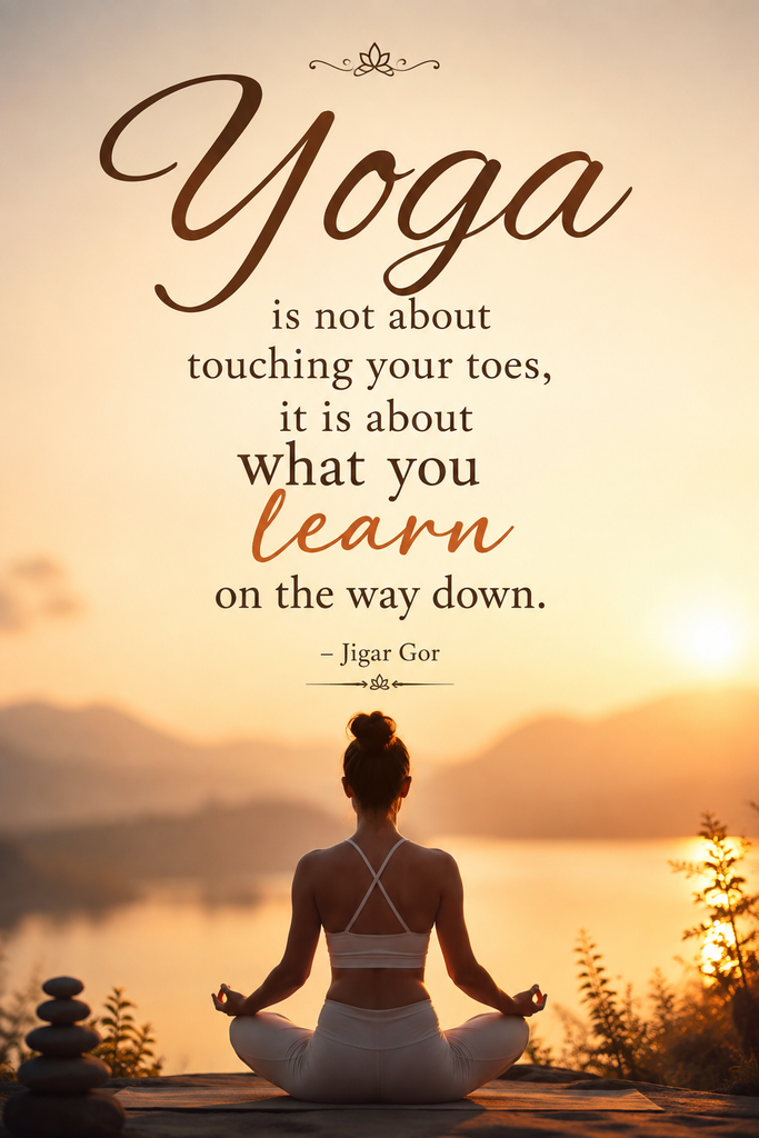 Minimalist image of a person meditating at sunrise with a deep yoga quote about inner patience and personal growth.
