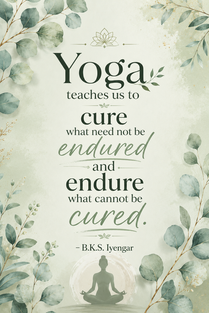 Elegant botanical design with eucalyptus leaves framing a deep life lesson quote by B.K.S. Iyengar about resilience.