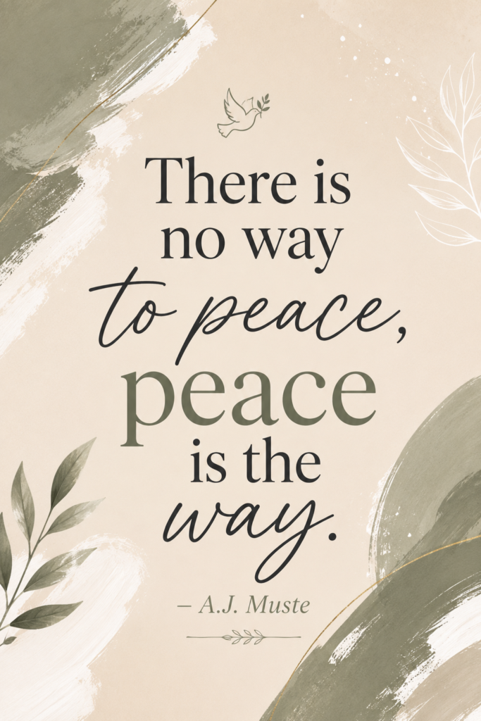 A vertical Pinterest pin with a warm neutral background and sage green accents featuring a famous philosophical peace quote by A.J. Muste.
