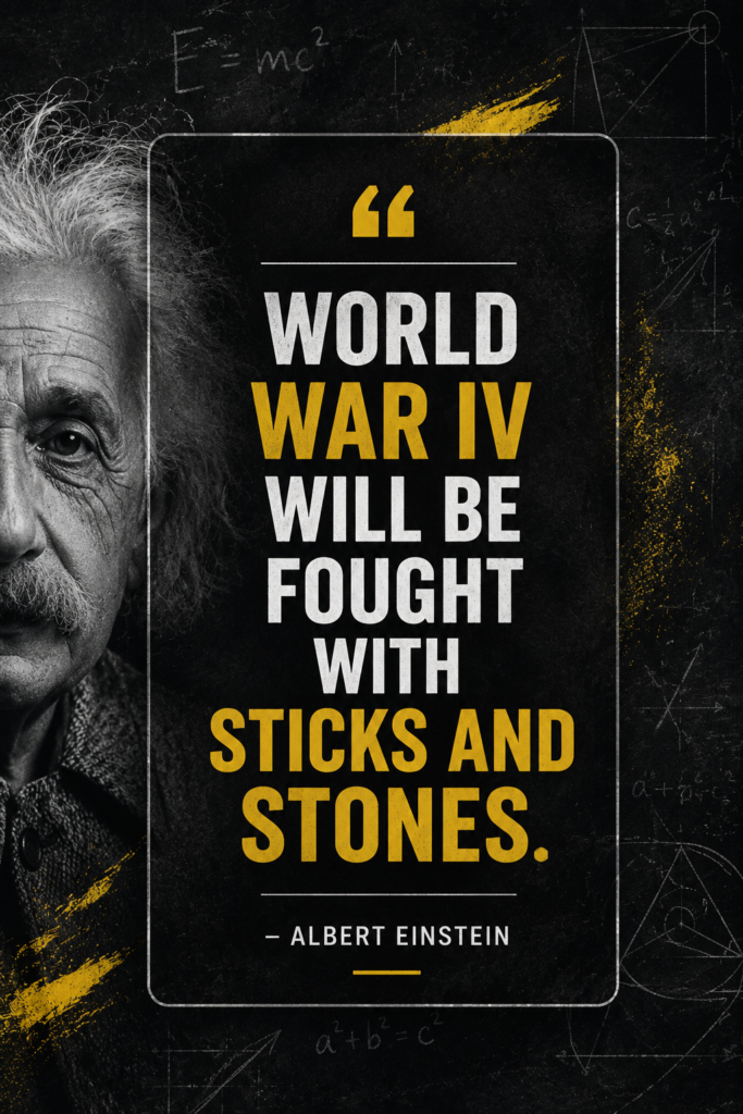 A vertical Pinterest pin with a dark chalkboard background and clean white typography featuring a famous anti-war quote by Albert Einstein.