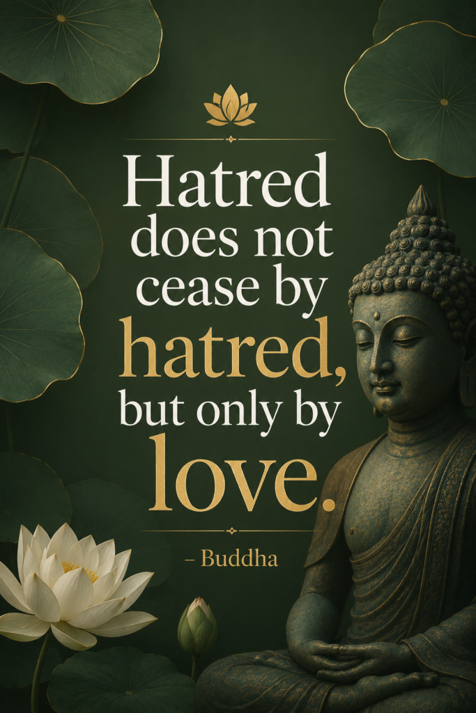 A vertical Pinterest pin with a serene forest-green background and gold typography highlighting a classic peace quote by the Buddha.