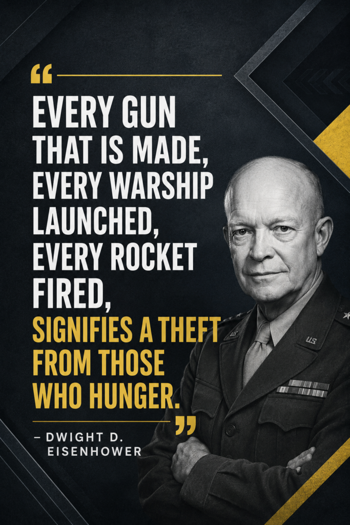 A vertical Pinterest pin featuring a dark slate background with structured text highlighting a historical anti-war quote by Dwight D. Eisenhower.