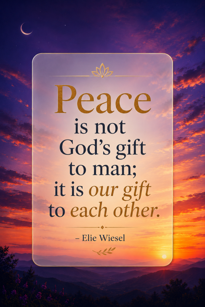 A vertical Pinterest pin featuring a twilight sky background and a glass text card showcasing an inspiring peace quote by Elie Wiesel.