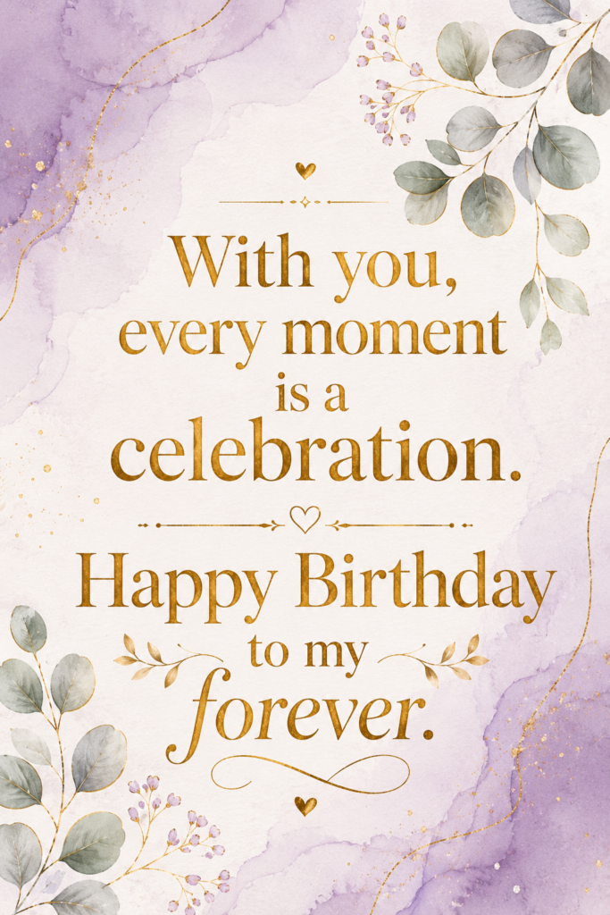 Soft lavender and green eucalyptus themed vertical graphic with an elegant golden birthday wish.