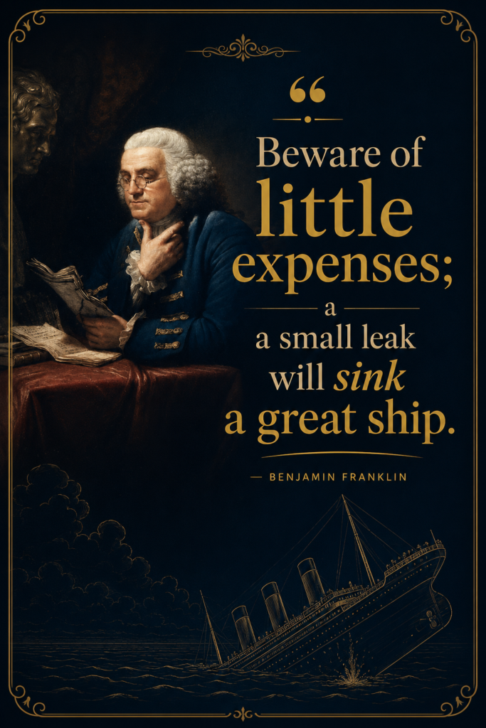 Minimalist dark navy Pinterest graphic featuring Benjamin Franklin quote about expenses and financial freedom.