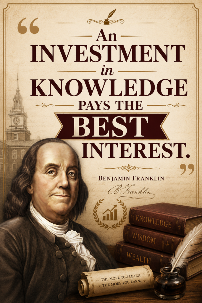 Parchment-texture aesthetic Pinterest pin featuring Benjamin Franklin quote on investing in knowledge.