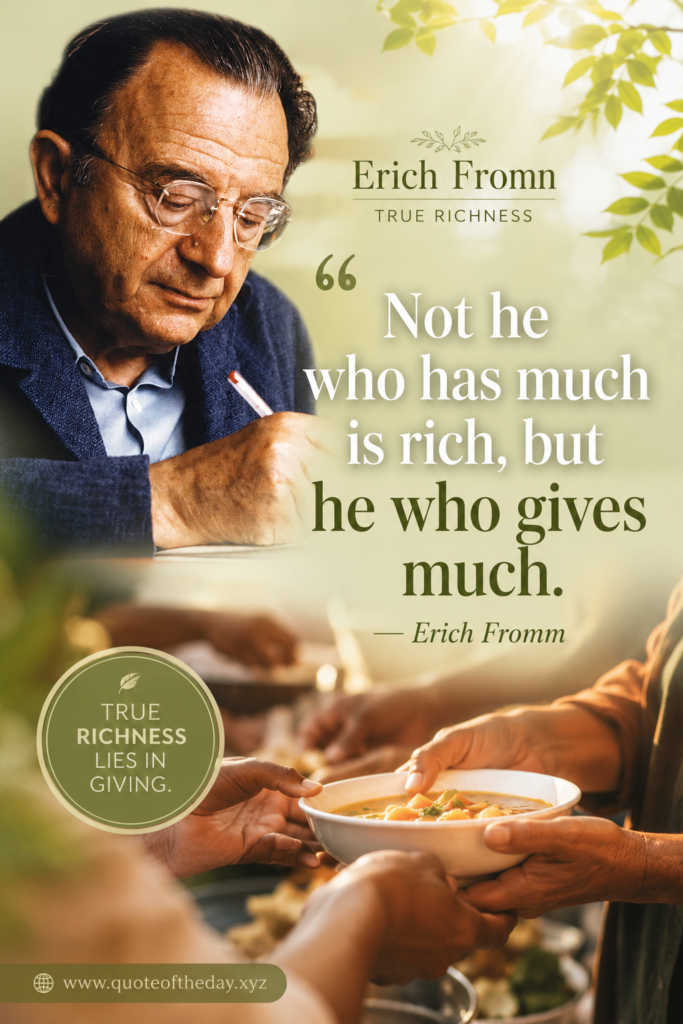 Warm aesthetic Pinterest pin featuring Erich Fromm quote about true richness and financial freedom.