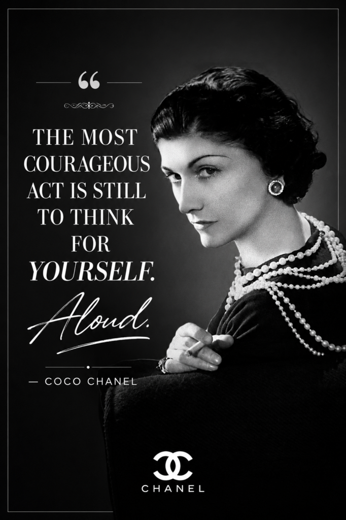 Monochrome luxury aesthetic Pinterest graphic featuring Coco Chanel quote on independence.