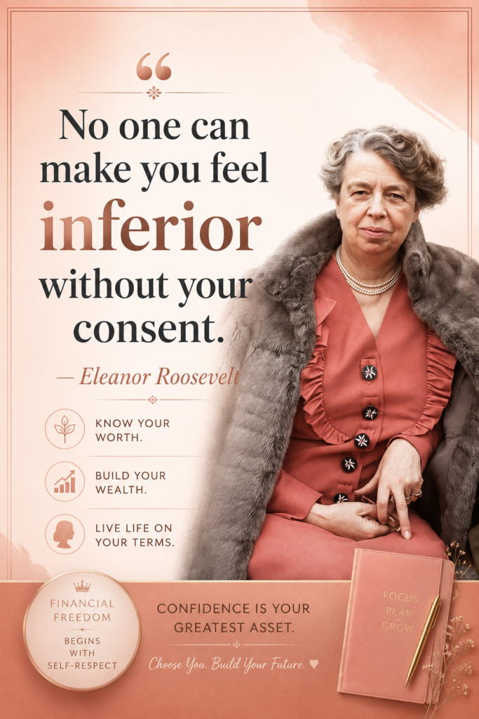 Soft rose-gold Pinterest graphic featuring Eleanor Roosevelt quote on self-worth and financial freedom for women.