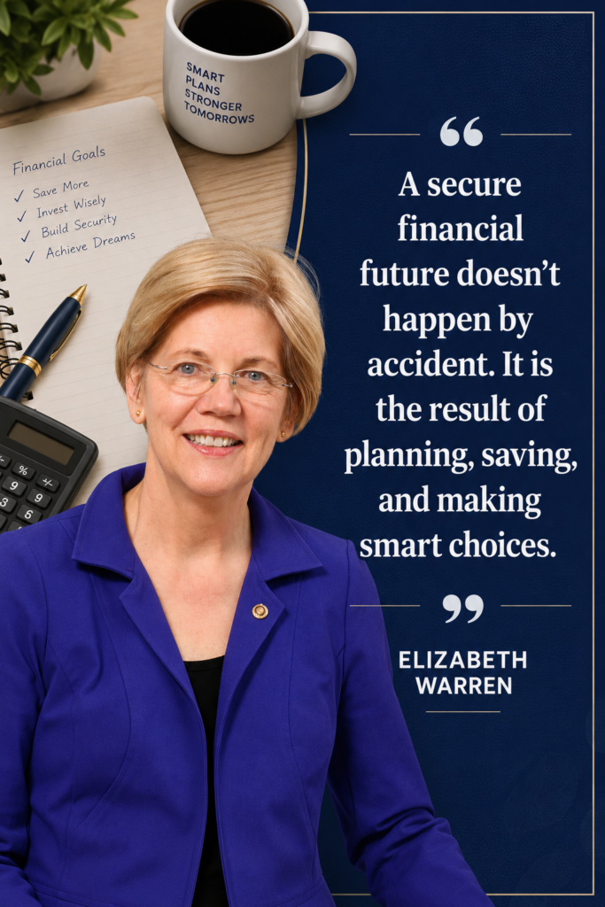 Professional desk flat lay Pinterest pin featuring Elizabeth Warren quote on financial planning.