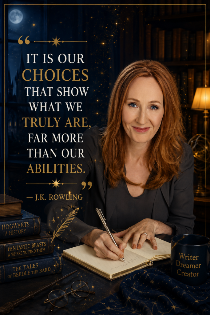 Midnight blue library aesthetic Pinterest pin featuring J.K. Rowling quote on choices and wealth.