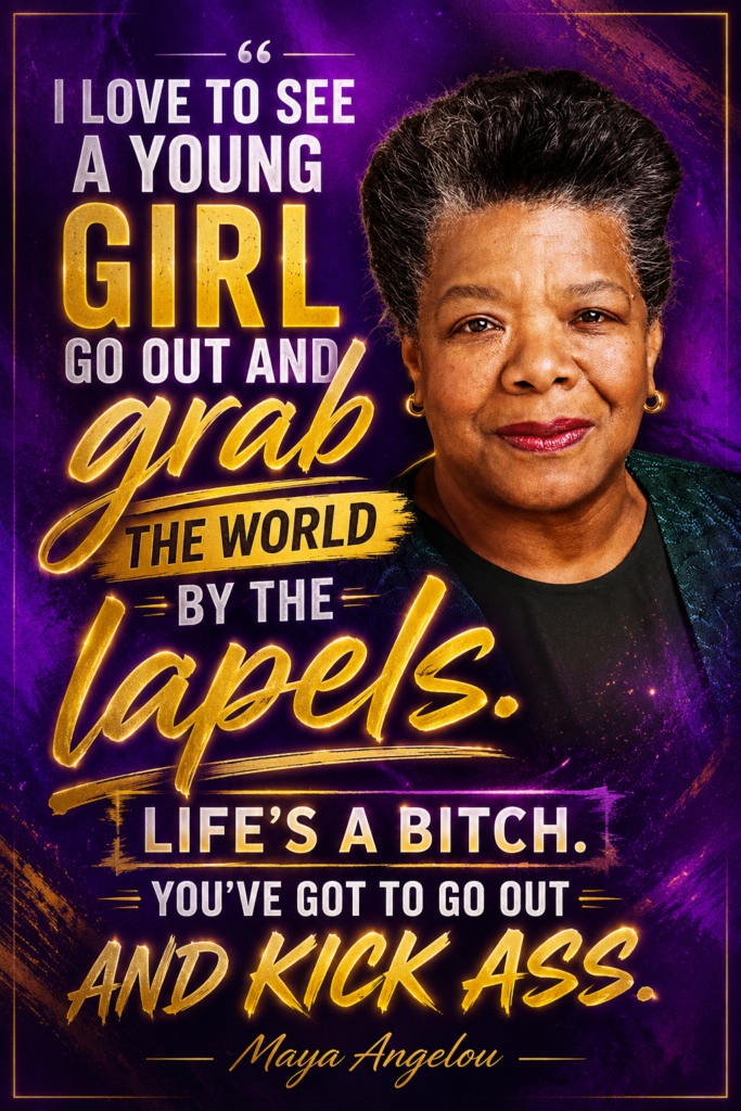 Deep purple and gold Pinterest graphic featuring Maya Angelou quote on boldness and success.